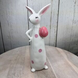 Martha Stewart Home Ceramic Easter Bunny Rabbit Pink Egg Polka Dot Figurine New